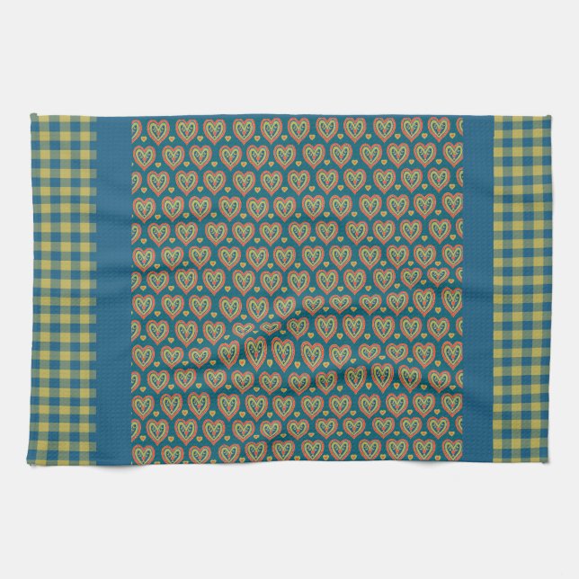 Kitchen Towel, Hearts and Check Gingham Pattern Towel (Horizontal)