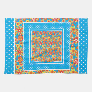 Kitchen Towel: Orange Floral, Blue Polka Dots Towel