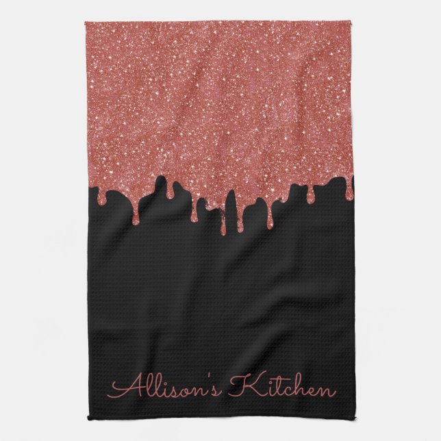 Kitchen Towel Pink Glitter Drips Personalized (Vertical)