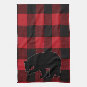 Kitchen Towel Red Buffalo Plaid Bear Black