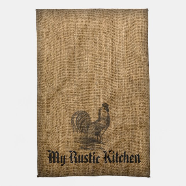 Kitchen Towel Rustic Rooster Burlap (Vertical)