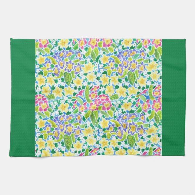 Kitchen Towel, Spring Primroses, Forest Green Kitchen Towel (Horizontal)