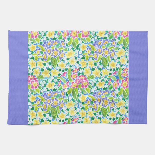 Kitchen Towel, Spring Primroses, Powder Blue Kitchen Towel (Horizontal)
