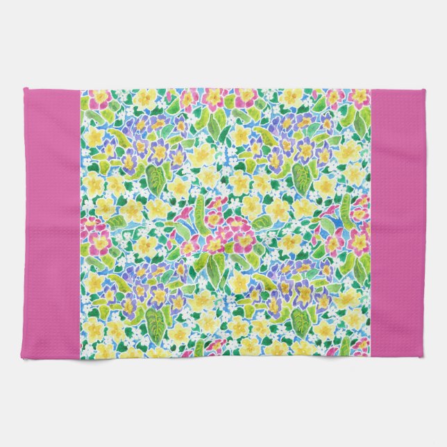 Kitchen Towel, Spring Primroses, Pretty Pink Kitchen Towel (Horizontal)