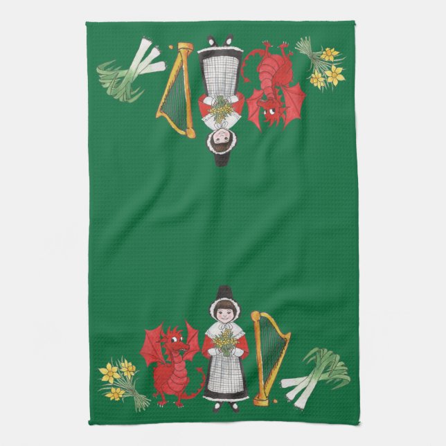 Kitchen Towel: Welsh, Daffodils, Dragon Leeks Harp Kitchen Towel (Vertical)