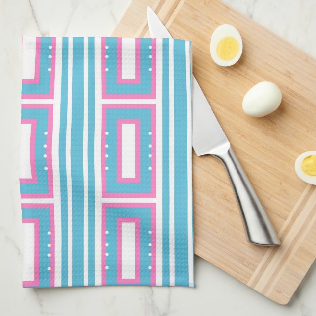 Kitchen Towel with Aqua-Pink Rectangle Patterns (Quarter Fold)