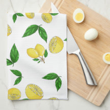 Kitchen Towels with juicy lemons and green leaves