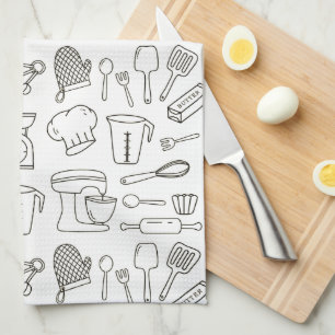 Kitchen Utensils Black and White Doodle Pattern Towel