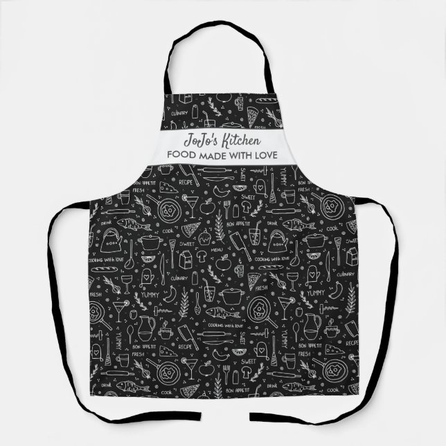 Kitchen Utensils Food Pattern Custom Name Black Apron (Front)