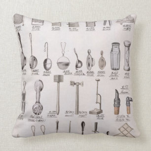 Kitchen utensils, from a trade catalogue of domest throw pillow
