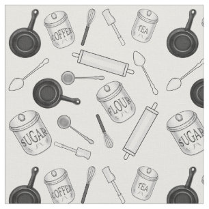 Kitchen Utensils Pattern - Black and White Fabric