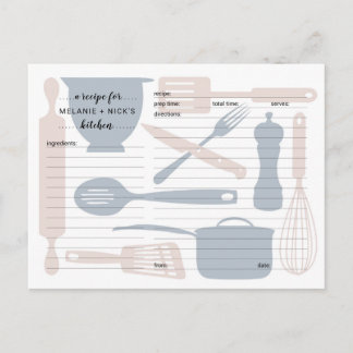 Kitchen utensils recipe cards, dusty rose blue postcard