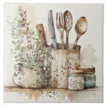 Kitchen Utensils Rustic Watercolors Ceramic Tile<br><div class="desc">Rustic farmhouse country watercolor utensils scene were used to create this perfect ceramic tile. Mix and match with other companion tiles to create your own customized look.</div>