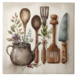 Kitchen Utensils Watercolors Rustic Ceramic Tile<br><div class="desc">Rustic country farmhouse watercolor utensils scene were used to create this perfect ceramic tile.  Mix and match with other companion tiles to create your own customized look.  Faux stone colour companion tiles are also available to create your pattern.</div>