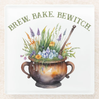 Kitchen Witch Brew Bake Bewitch Cauldron Glass Coaster