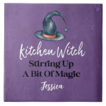 Kitchen Witch Purple Monogrammed Halloween Tile<br><div class="desc">Fun purple Halloween themed Kitchen Witch Stirring Up A Bit of Magic Halloween decoration. Monogram with first or last names. Fun way to decorate during the fall season. Great decorative accessory for the month of October.</div>