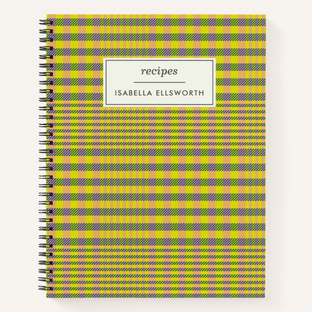 Kitchen Yellow Plaid Retro Fun Personalized Recipe Notebook (Front)