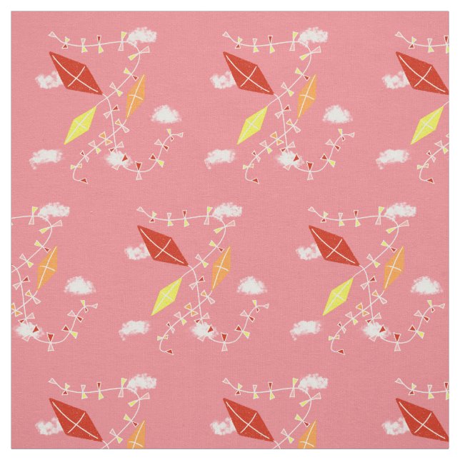 Kites in Pink Sky Red Yellow Orange Kids Fabric (Swatch)