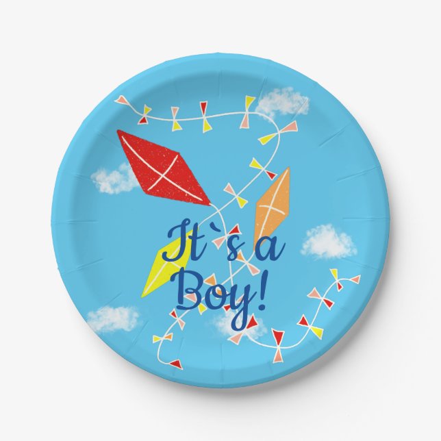 Kites in the Sky It`s a Boy Baby Shower Party Paper Plate (Front)