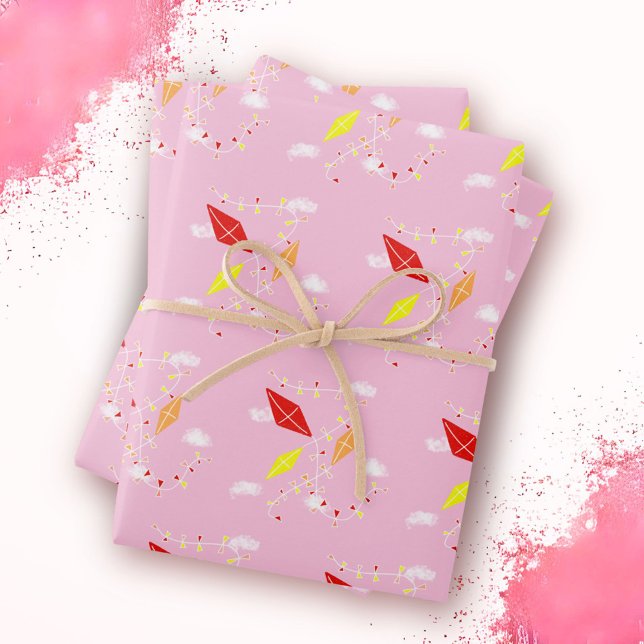 Kites in the Sky Pink Pattern Girl Wrapping Paper Sheet (Creator Uploaded)
