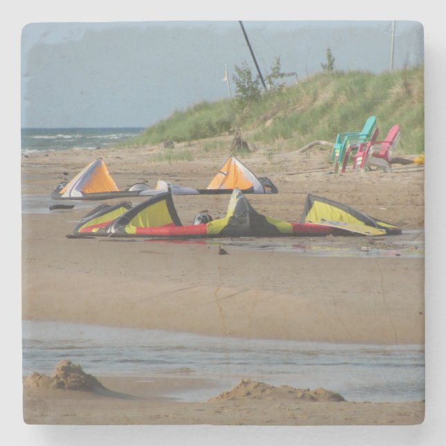 Kitesurfers by Lake Michigan Stone Coaster (Front)