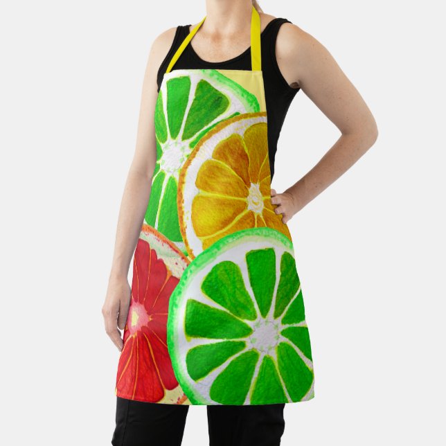 Kitsch fruit slices colourful food art apron (Insitu)