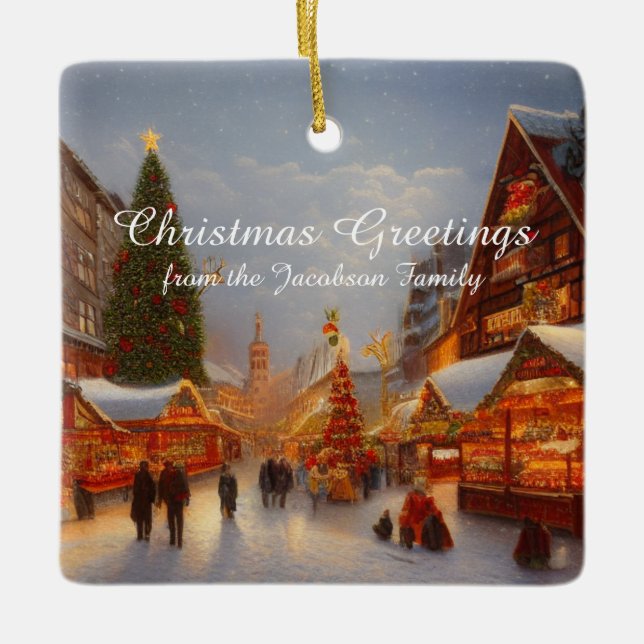 Kitsch German Style Market Christmas Greetings Ceramic Ornament (Front)