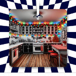 Kitsch Kitchen Christmas Personalized Metal Ornament<br><div class="desc">Personalized Christmas ornament. Cute teal cozy cottage vintage Kitsch red, black and white kitchen full of holiday decorations and Christmas lights and a colourful chandelier with retro vibes. Wishing you a cozy old-fashioned Christmas and a Happy New Year. Back text of this holiday ornament can be personalized, so you can...</div>