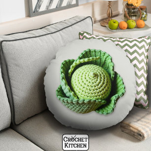 Kitsch Modern Green Granny Garden Crochet Cabbage Round Pillow