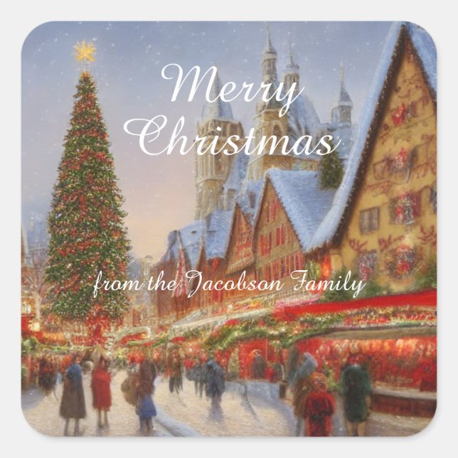 Kitsch Nostalgic German Christmas Market Greetings Square Sticker (Front)