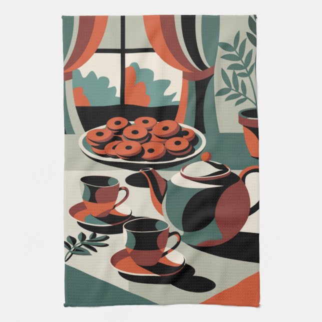 Kitschen style 50's abstract tea and biscuits kitchen towel (Vertical)
