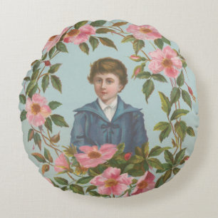 Kitschy Antique German Valentine's Card, 1884 Round Pillow