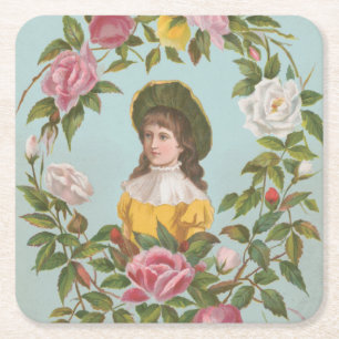 Kitschy Vintage German Valentine's Card Square Paper Coaster