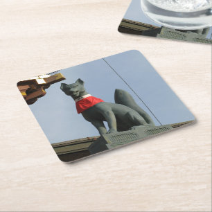Kitsune キツネ (Fox) with Jewel in Mouth Square Paper Coaster