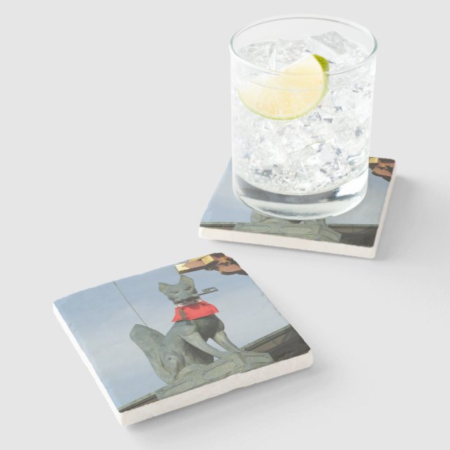 Kitsune キツネ (Fox) with Key in Mouth Stone Coaster (Side)