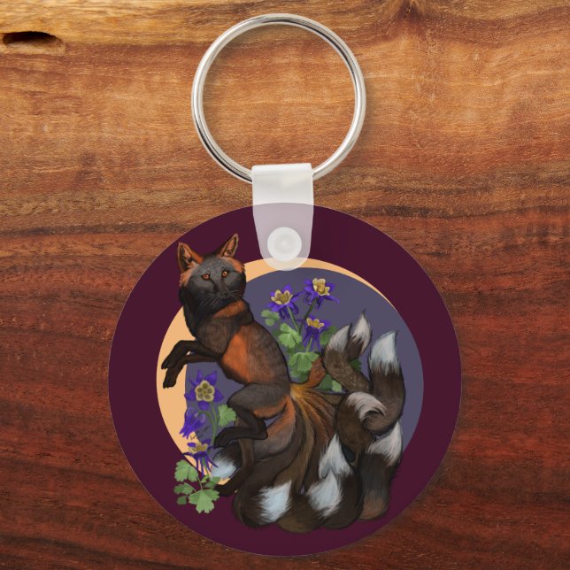 Kitsune and Columbine Flowers Keychain (Front)