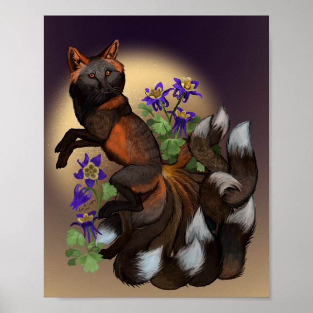Kitsune and Columbine Flowers Poster (Front)