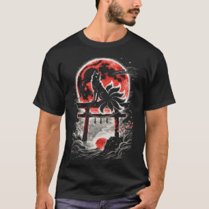 Kitsune at the Torii In Red Moon - Japanese Art T-Shirt
