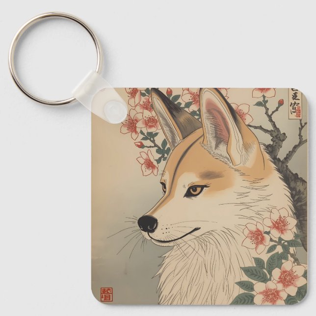 Kitsune & cherry blossom keychain (Front)