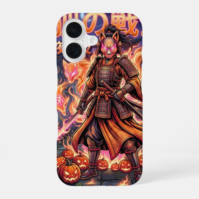 Kitsune Fox Samurai & Fire Pumpkins iPhone 16 Case (Back)