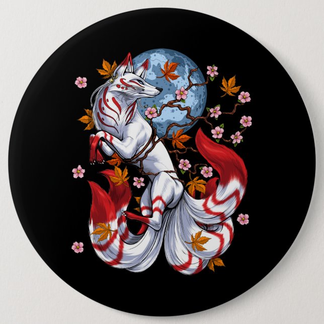 Kitsune Japanese Fox 6 Inch Round Button (Front)