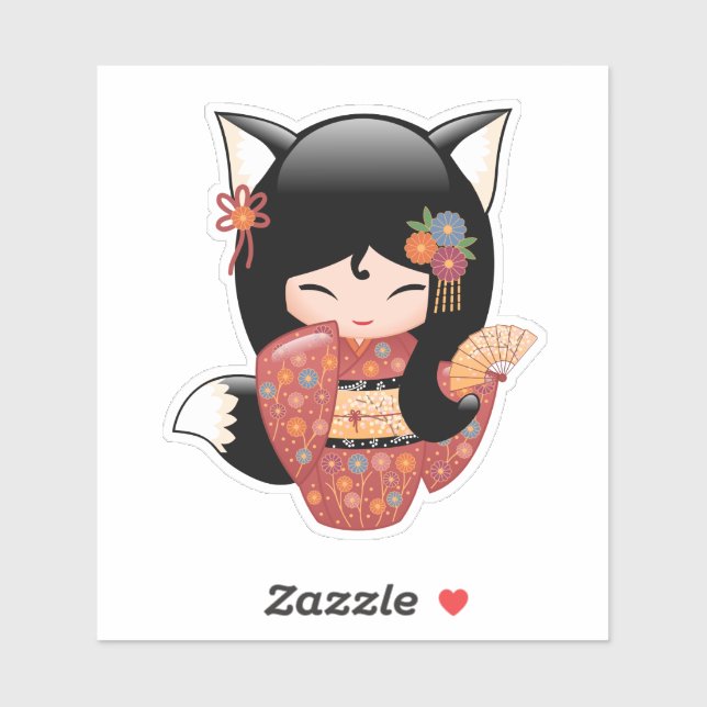 Kitsune Kokeshi Doll - Black Fox Geisha Girl (Sheet)