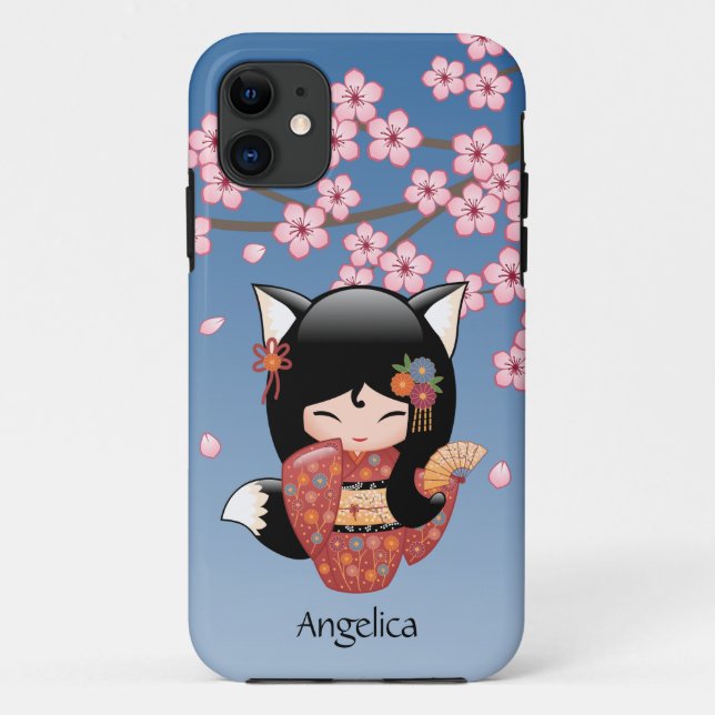 Kitsune Kokeshi Doll - Black Fox Geisha Girl Case-Mate iPhone Case (Back)