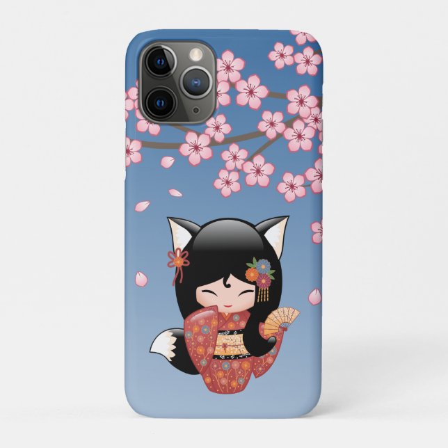 Kitsune Kokeshi Doll - Black Fox Geisha Girl Case-Mate iPhone Case (Back)
