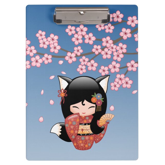 Kitsune Kokeshi Doll - Black Fox Geisha Girl Clipboard (Front)