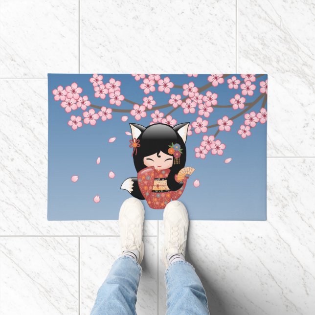 Kitsune Kokeshi Doll - Black Fox Geisha Girl Doormat (Indoor)