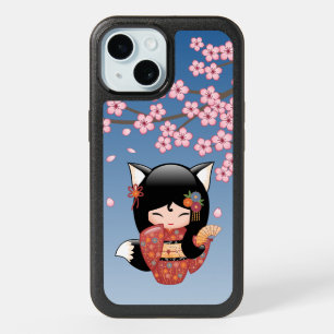 Kitsune Kokeshi Doll - Black Fox Geisha Girl iPhone 15 Case