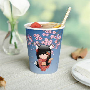 Kitsune Kokeshi Doll - Black Fox Geisha Girl Paper Cups