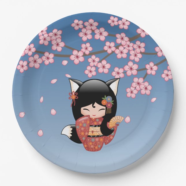 Kitsune Kokeshi Doll - Black Fox Geisha Girl Paper Plate (Front)