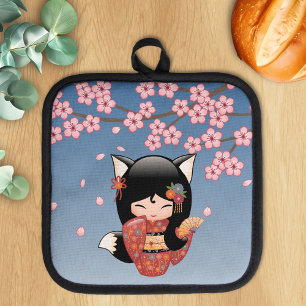 Kitsune Kokeshi Doll - Black Fox Geisha Girl Pot Holder